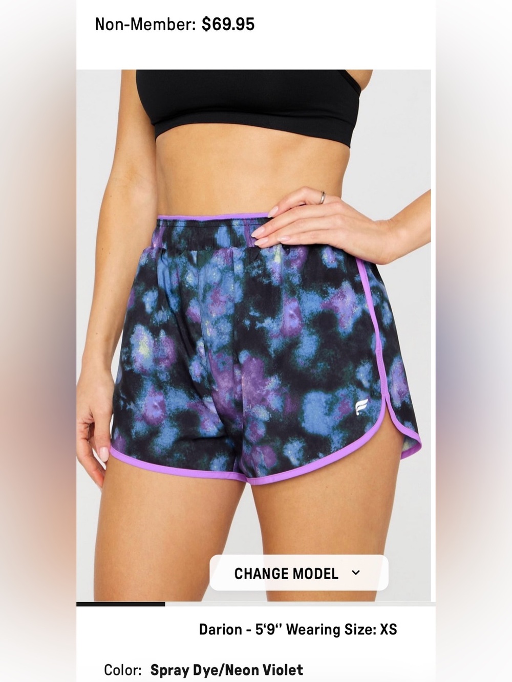 NWT Fabletics Heritage Dolphin Athletic Short in Spray Die/Neon Violet size M